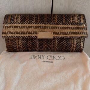 Jimmy Choo Brown & Beige Snakeskin Envelope Clutch w/ Gold Plaque made in Italy